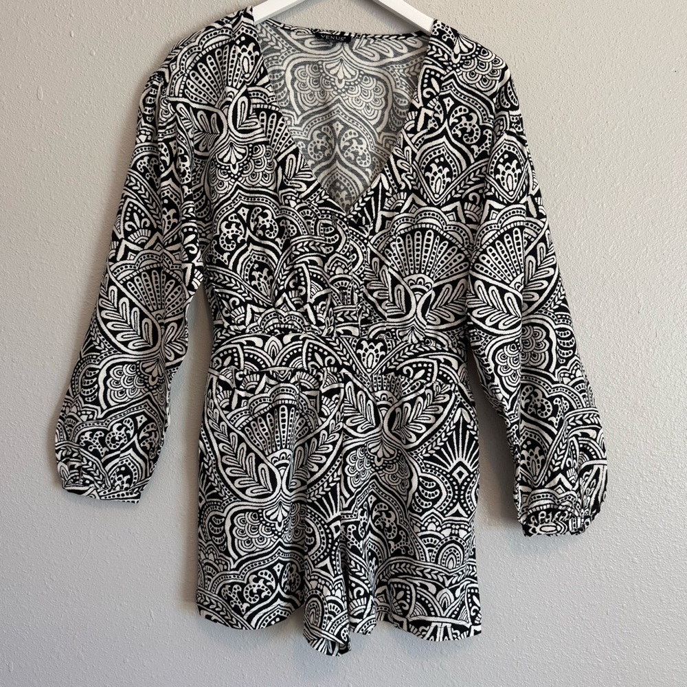 Venus Linen Blend Long Sleeve Romper with Pockets - Size 4 Boho Chic Cottagecore